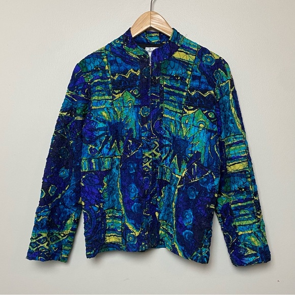 Chico’s Blue Green Silk Abstract Crinkle Textured Button Jacket | Women’s XS - Picture 2 of 5